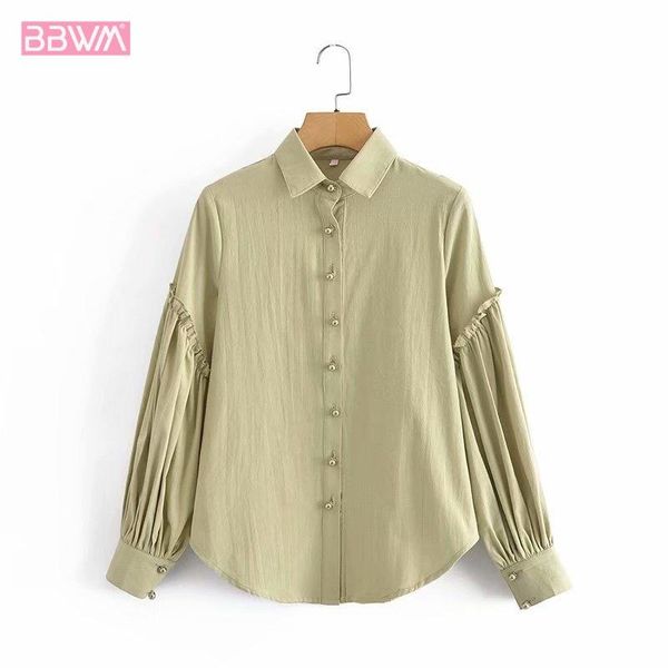 women's t-shirt women fashion solid color lapel long sleeve vintage buttoned puff sleeves ruffle stitching chic female, White
women's t-shirt women fashion solid color lapel long sleeve vintage buttoned puff sleeves ruffle stitching chic female, White