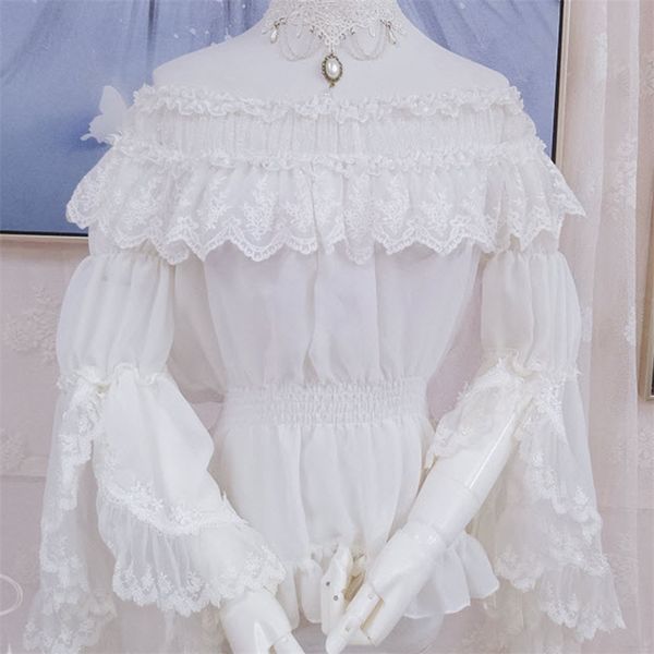lace lolita shirt women summer floral embroidery blouses shirt ladies mesh transparent elegant see-through white shirt 210308