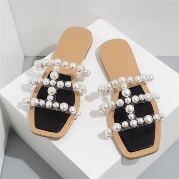 slippers summer shoes pearl embellished pvc transparent one-line flat sandal with open-toe for women, Black
slippers summer shoes pearl embellished pvc transparent one-line flat sandal with open-toe for women, Black
