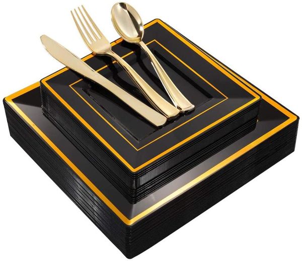disposable dinnerware 100pcs black plastic plates with gold rim & silverware - premium heavyweight tableware for party
disposable dinnerware 100pcs black plastic plates with gold rim & silverware - premium heavyweight tableware for party