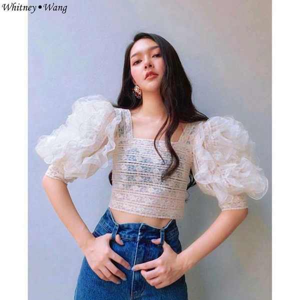 women's blouses & shirts whitney wang 2021 summer fashion vintage style square collar layered ruffles puff sleeve lace blouse women blu, White
women's blouses & shirts whitney wang 2021 summer fashion vintage style square collar layered ruffles puff sleeve lace blouse women blu, White