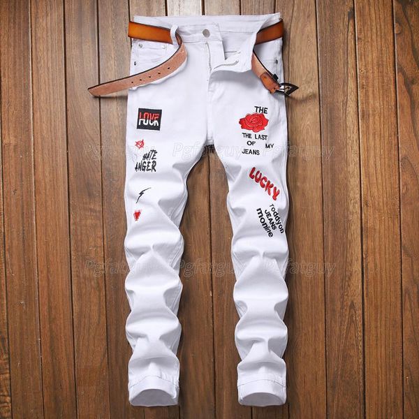 men's jeans european american trend male hole stretch white embroidered letters slim-fit denim pants pantalons pour hommes, Blue
men's jeans european american trend male hole stretch white embroidered letters slim-fit denim pants pantalons pour hommes, Blue