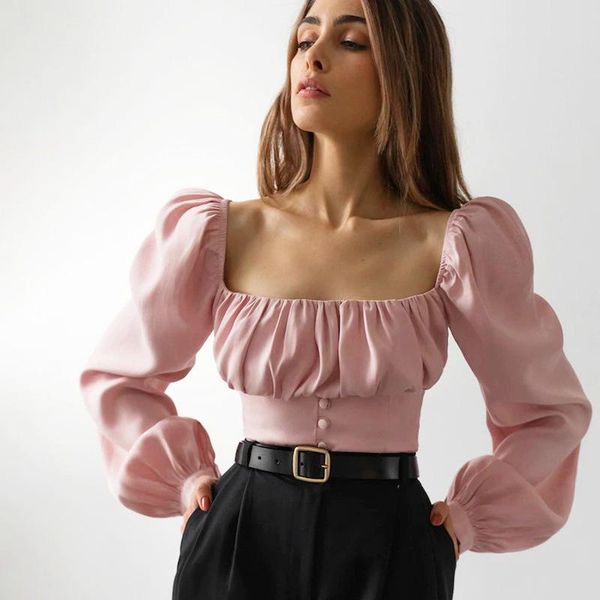 women's t-shirt 2021 spring vintage pleated women pink elegant square neck puff sleeves front button crop fashion ladies, White
women's t-shirt 2021 spring vintage pleated women pink elegant square neck puff sleeves front button crop fashion ladies, White