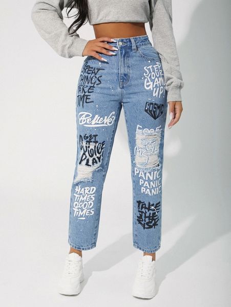 petite high waist slogan graphic jeans q2aw#, Blue
petite high waist slogan graphic jeans q2aw#, Blue