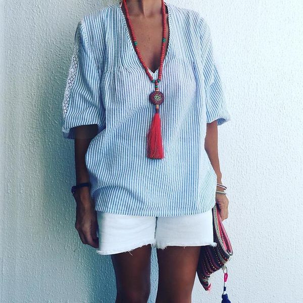 women's blouses & shirts women streetwear casual long sleeve loose elegant female striped print v neck blouse spring autumn lace patch, White
women's blouses & shirts women streetwear casual long sleeve loose elegant female striped print v neck blouse spring autumn lace patch, White
