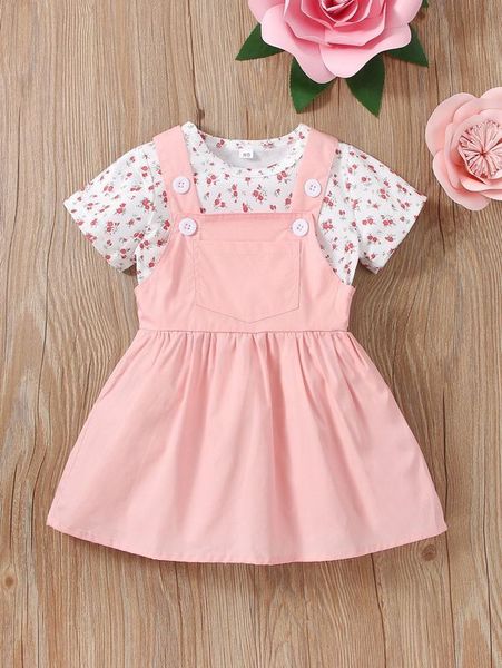baby ditsy floral tee with overall dress she, White
baby ditsy floral tee with overall dress she, White