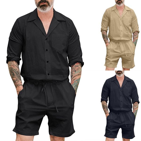 men's pants solid color drawstring shorts suit stitching long-sleeved jumpsuit fashion tooling cotton and linen clothing, Black
men's pants solid color drawstring shorts suit stitching long-sleeved jumpsuit fashion tooling cotton and linen clothing, Black