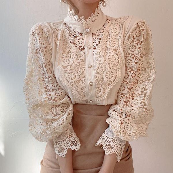 women's blouses & shirts korean autumn loose chic button heavy work lace hollow flower stitching long-sleeved women fashion streetwear, White
women's blouses & shirts korean autumn loose chic button heavy work lace hollow flower stitching long-sleeved women fashion streetwear, White