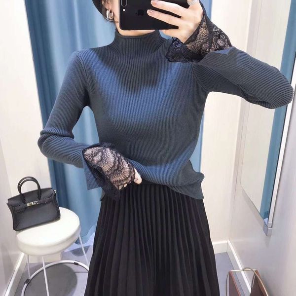 new lace half high collar long sleeve bottomed slim fitting pullover short autumn winter women's sweater, White;black
new lace half high collar long sleeve bottomed slim fitting pullover short autumn winter women's sweater, White;black