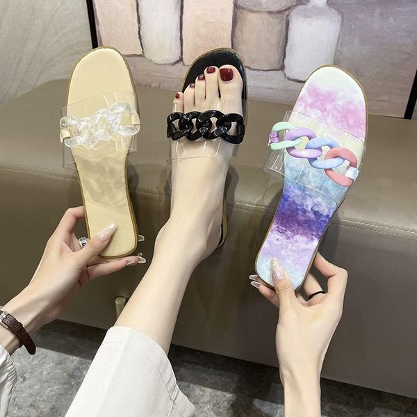 slippers transparent pvc material word with women 2021 summer lady sandals color metal chain flat bottom beach casual slides, Black
slippers transparent pvc material word with women 2021 summer lady sandals color metal chain flat bottom beach casual slides, Black