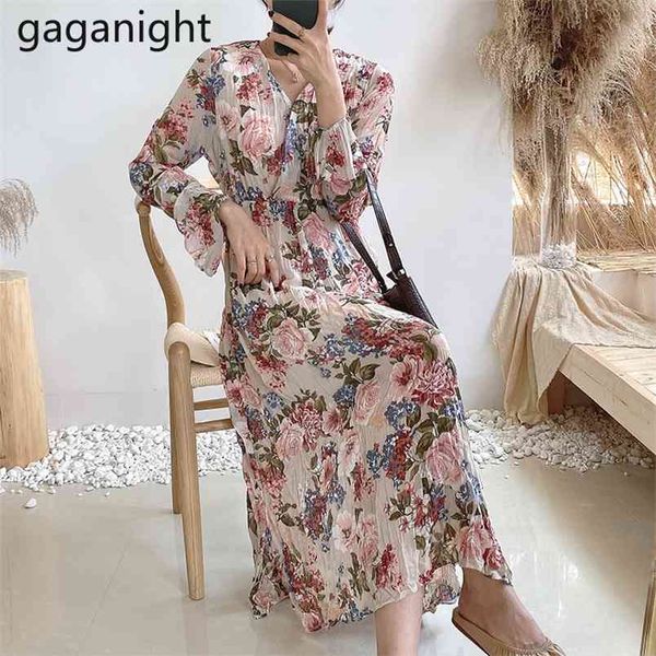 vintage v-neck ruched long sleeve a-line dress women floral print chiffon party midi spring vestidos femme 210601, Black;gray 
vintage v-neck ruched long sleeve a-line dress women floral print chiffon party midi spring vestidos femme 210601, Black;gray