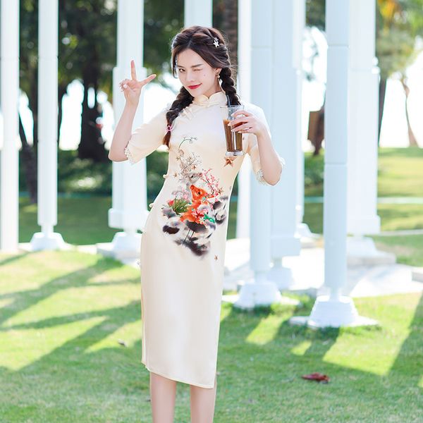 female ice silk knee-length qipao lotus carp printed lace trim half sleeves cheongsam elegant traditional clothing size s-3xl, Red
female ice silk knee-length qipao lotus carp printed lace trim half sleeves cheongsam elegant traditional clothing size s-3xl, Red
