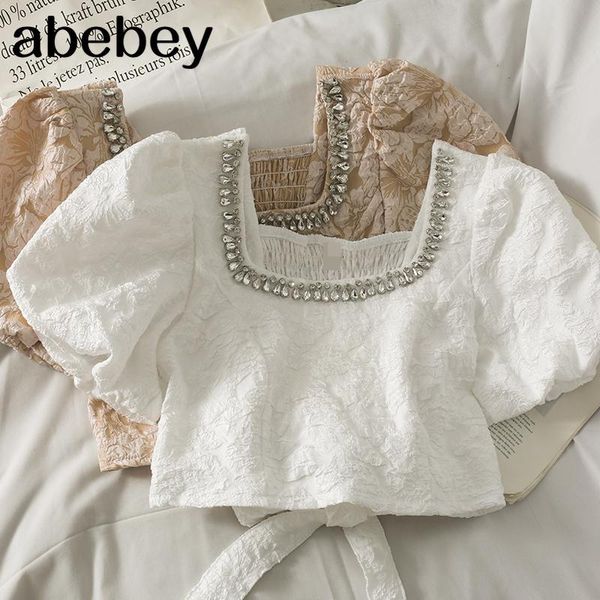 women's blouses & shirts korean square collar puff sleeve shirt diamonds design bow bandage high waist short solid color 2021 summer, White
women's blouses & shirts korean square collar puff sleeve shirt diamonds design bow bandage high waist short solid color 2021 summer, White