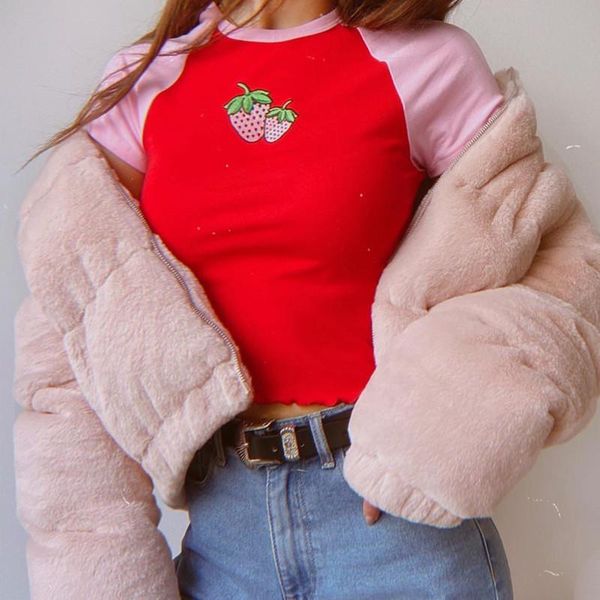 women's t-shirt fashion e-girls o-neck short sleeve patchwork aesthetic summer clothes for women 2021 kawaii y2k strawberry embroidery, White
women's t-shirt fashion e-girls o-neck short sleeve patchwork aesthetic summer clothes for women 2021 kawaii y2k strawberry embroidery, White
