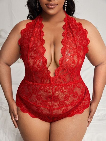 plus floral lace scallop trim halter teddy bodysuit d1cw#, Black;white
plus floral lace scallop trim halter teddy bodysuit d1cw#, Black;white