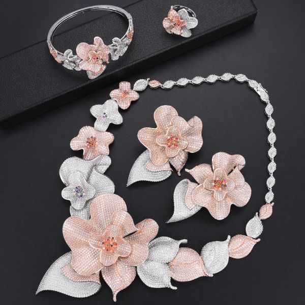 earrings & necklace luxury bloosm bridal african 4pcs cubic zirconia nigerian dubai bracelet ring wedding jewelry set for women, Silver
earrings & necklace luxury bloosm bridal african 4pcs cubic zirconia nigerian dubai bracelet ring wedding jewelry set for women, Silver