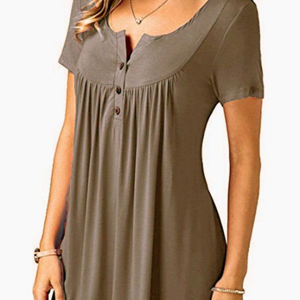short womens casual sleeve loose t-shirts solid color button pleated tunic v-neck female pullover summer clothes c0220, White
short womens casual sleeve loose t-shirts solid color button pleated tunic v-neck female pullover summer clothes c0220, White