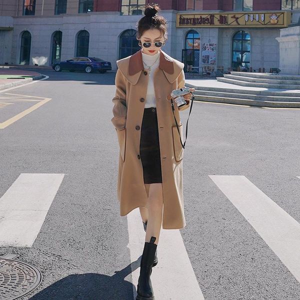 women's wool & blends autumn and winter thick camel woolen coat korean version loose small navy collar women mid-length, Black
women's wool & blends autumn and winter thick camel woolen coat korean version loose small navy collar women mid-length, Black
