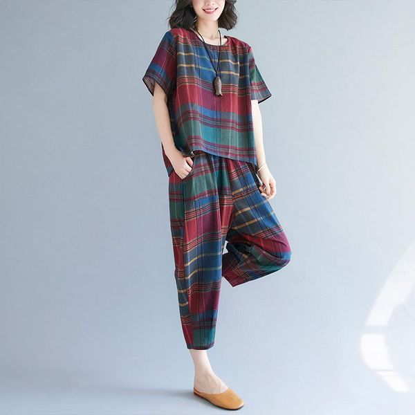 women's two piece pants cotton linen plaid fashion summer sets loose harem clothes set holiday travel casual suits, White
women's two piece pants cotton linen plaid fashion summer sets loose harem clothes set holiday travel casual suits, White
