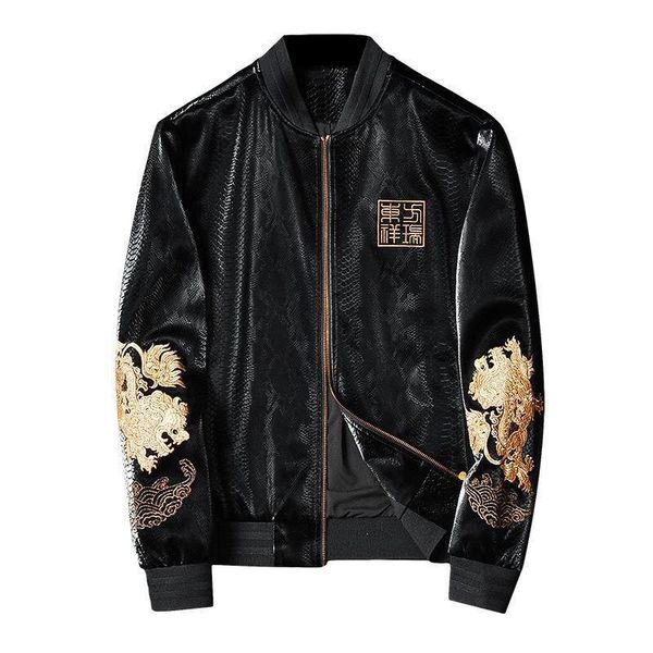 men's jackets 2021 black snake lether jacket chinese characters dragon embroidery slim fit coat for male, Black;brown
men's jackets 2021 black snake lether jacket chinese characters dragon embroidery slim fit coat for male, Black;brown