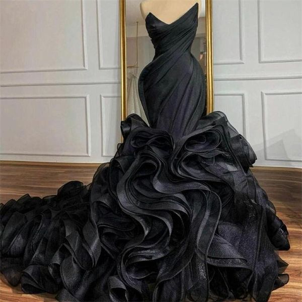 Image of Gothic Black Ruffles Long Train Mermaid Dresses 2021 Sweetheart Real Image Plus Size Organza Bridal Party Gowns For Arabic Vestidos De Noiva