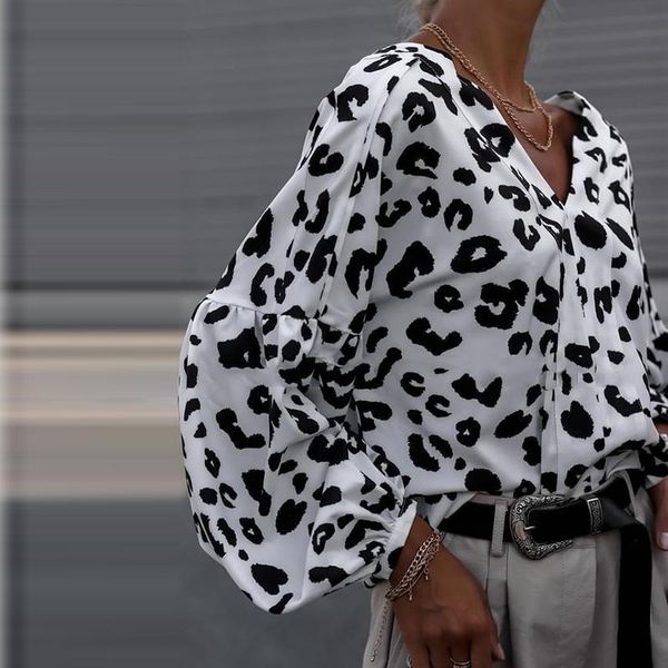 women's blouses & shirts women blouse autumn 2021 v neck leopard print long lantern sleeve chic casual high street female winter, White
women's blouses & shirts women blouse autumn 2021 v neck leopard print long lantern sleeve chic casual high street female winter, White