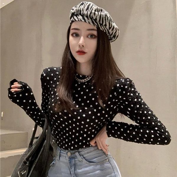 retro polka dot half high collar long sleeve t-shirt women's spring 2021, White
retro polka dot half high collar long sleeve t-shirt women's spring 2021, White