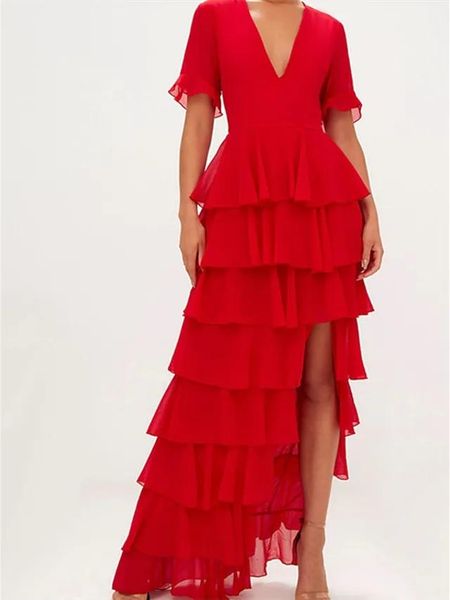 party dresses fashion short sleeve evening gowns v-neck tiered design side split long red chiffon dress for special occations, White;black
party dresses fashion short sleeve evening gowns v-neck tiered design side split long red chiffon dress for special occations, White;black