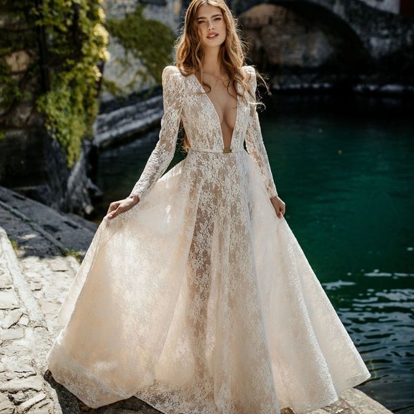 a line lace wedding dresses 2022 long sleeve deep v neck bridal gowns illusion boho backless vestido de novia, White
a line lace wedding dresses 2022 long sleeve deep v neck bridal gowns illusion boho backless vestido de novia, White