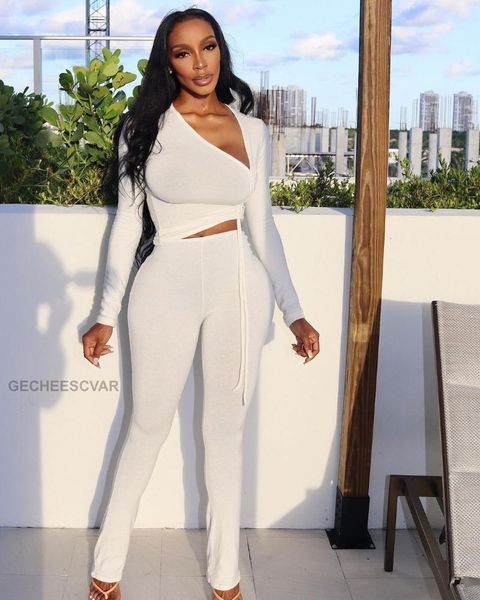 women's two piece pants shirring fashion solid sets asymmetrical v-neck long sleeve bandage crop casual tracksuits, White
women's two piece pants shirring fashion solid sets asymmetrical v-neck long sleeve bandage crop casual tracksuits, White