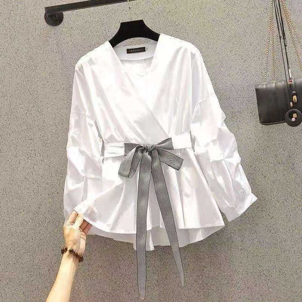 two piece dress spring/autumn korean style women long sleeve v-neck blouse all-matched slim sashes design pullover cas dbsu, White
two piece dress spring/autumn korean style women long sleeve v-neck blouse all-matched slim sashes design pullover cas dbsu, White