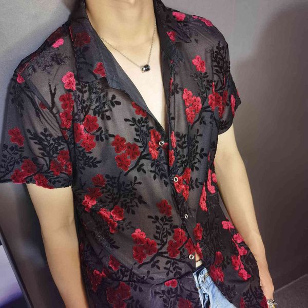 men's casual shirts embroidery trendy transparent blue floral velvet short sleeve clothing see through social club vesb, White;black
men's casual shirts embroidery trendy transparent blue floral velvet short sleeve clothing see through social club vesb, White;black