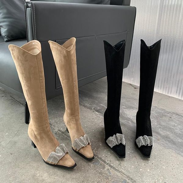 boots small square toe women flock knee high black beige winter booties spike heels back zipper rhinestone
boots small square toe women flock knee high black beige winter booties spike heels back zipper rhinestone