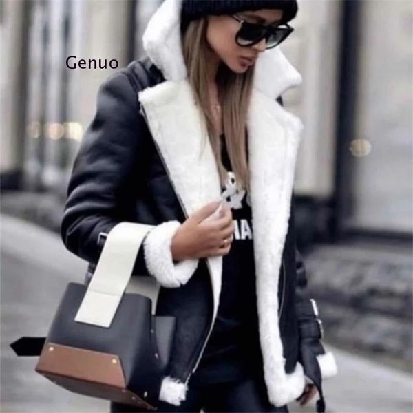 women's leather & faux winter thicken warm jacket coats lapel pu jackets long sleeve diagonal zipper coat lamb fur outwear, Black
women's leather & faux winter thicken warm jacket coats lapel pu jackets long sleeve diagonal zipper coat lamb fur outwear, Black