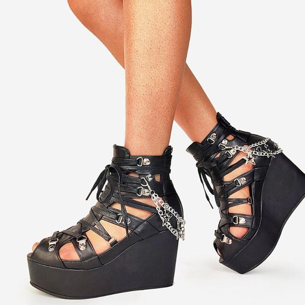 sandals female stylish gothic pentagram zipper high wedges summer platform punk street women's fish mouth shoes woman, Black
sandals female stylish gothic pentagram zipper high wedges summer platform punk street women's fish mouth shoes woman, Black