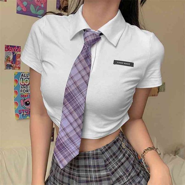 chic women's t shirt with tie turn down collar short sleeve letters t-shirts casual streetwear slim crop 210603, White
chic women's t shirt with tie turn down collar short sleeve letters t-shirts casual streetwear slim crop 210603, White