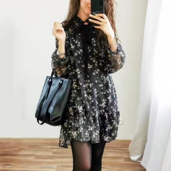 women ruffle bow tie mini floral print dress vintage long sleeve casual loose pleated ruffles party vestidos dresses, Black;gray
women ruffle bow tie mini floral print dress vintage long sleeve casual loose pleated ruffles party vestidos dresses, Black;gray
