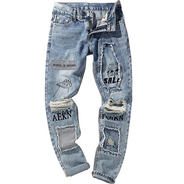 men's jeans 2021 fashion printed ripped hole patch loose beggar korean style trend summer thin pants casual, Blue
men's jeans 2021 fashion printed ripped hole patch loose beggar korean style trend summer thin pants casual, Blue