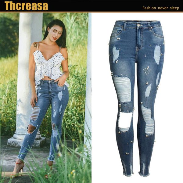 women's jeans european and american high waist slim elastic irregular two color studded pearl leggings big size, Blue
women's jeans european and american high waist slim elastic irregular two color studded pearl leggings big size, Blue
