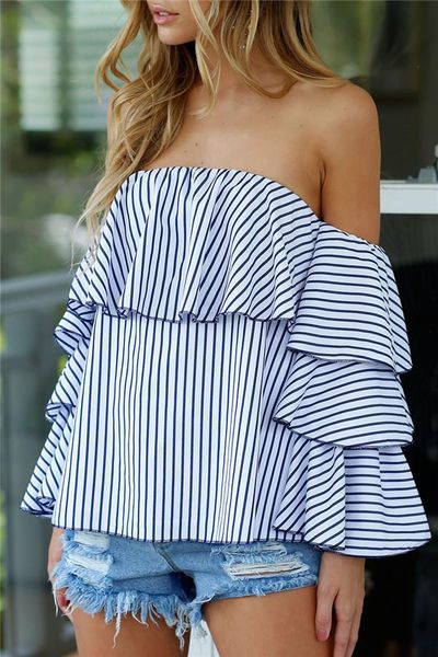 women's blouses & shirts 2021 off shoulder ruffles blouse women blue stripped half sleeve blusas feminina fashion shirt, White
women's blouses & shirts 2021 off shoulder ruffles blouse women blue stripped half sleeve blusas feminina fashion shirt, White
