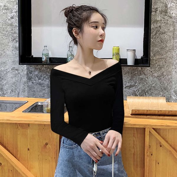 black clavicle off shoulder women's feeling, open back bottom shirt, interior design, minority long sleeve v-neck t-shirt, White
black clavicle off shoulder women's feeling, open back bottom shirt, interior design, minority long sleeve v-neck t-shirt, White