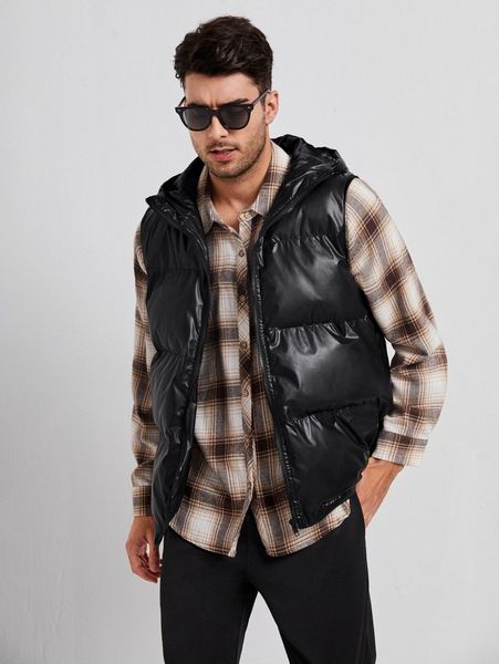 men zipper hooded vest puffer coat g7bj#, Black;brown