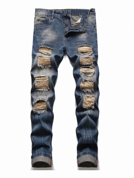 men ripped raw trim bleach wash jeans n6jp#, Blue