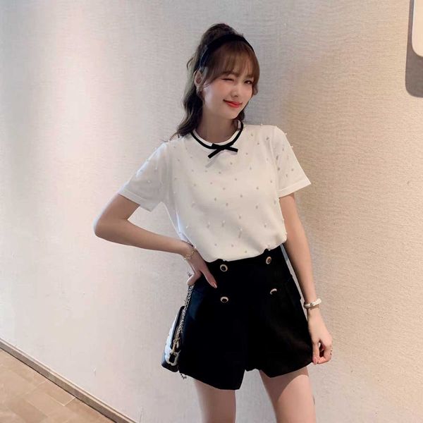 women's t-shirt sweet age reducing pearl bow shirt spring short korean sleeve loose around neck 61je, White
women's t-shirt sweet age reducing pearl bow shirt spring short korean sleeve loose around neck 61je, White