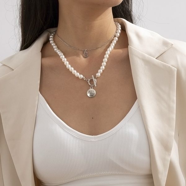 jewelry temperament generous pearl chain women's simple smile letter pendant necklace set, Silver
jewelry temperament generous pearl chain women's simple smile letter pendant necklace set, Silver