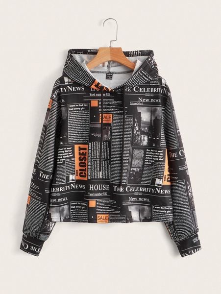 newspaper print drawstring hoodie 4757#, White;black
newspaper print drawstring hoodie 4757#, White;black