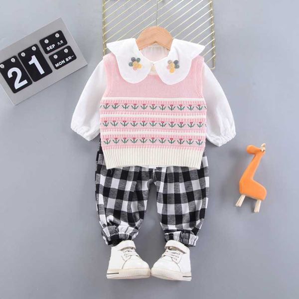 girls lapel white shirt + printing vest + black and white plaid trousers 3-piece set y0909
girls lapel white shirt + printing vest + black and white plaid trousers 3-piece set y0909