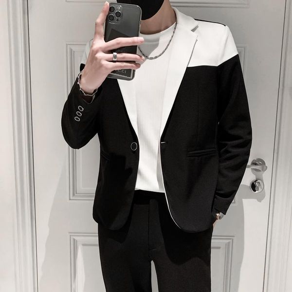 men's suits & blazers contrast color splicing autumn korean casual suit jackets wedding business dress coat street social costume homme, White;black
men's suits & blazers contrast color splicing autumn korean casual suit jackets wedding business dress coat street social costume homme, White;black