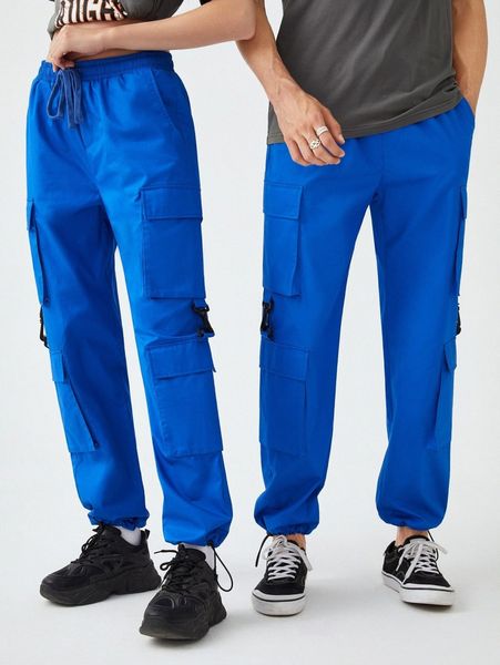 1pc drawstring waist flap pocket cargo pants t6vh#, Black
