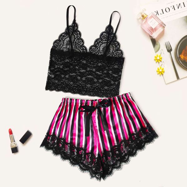 20212020 new lace hollow pajamas stripe satin women's fun underwear, Black;red